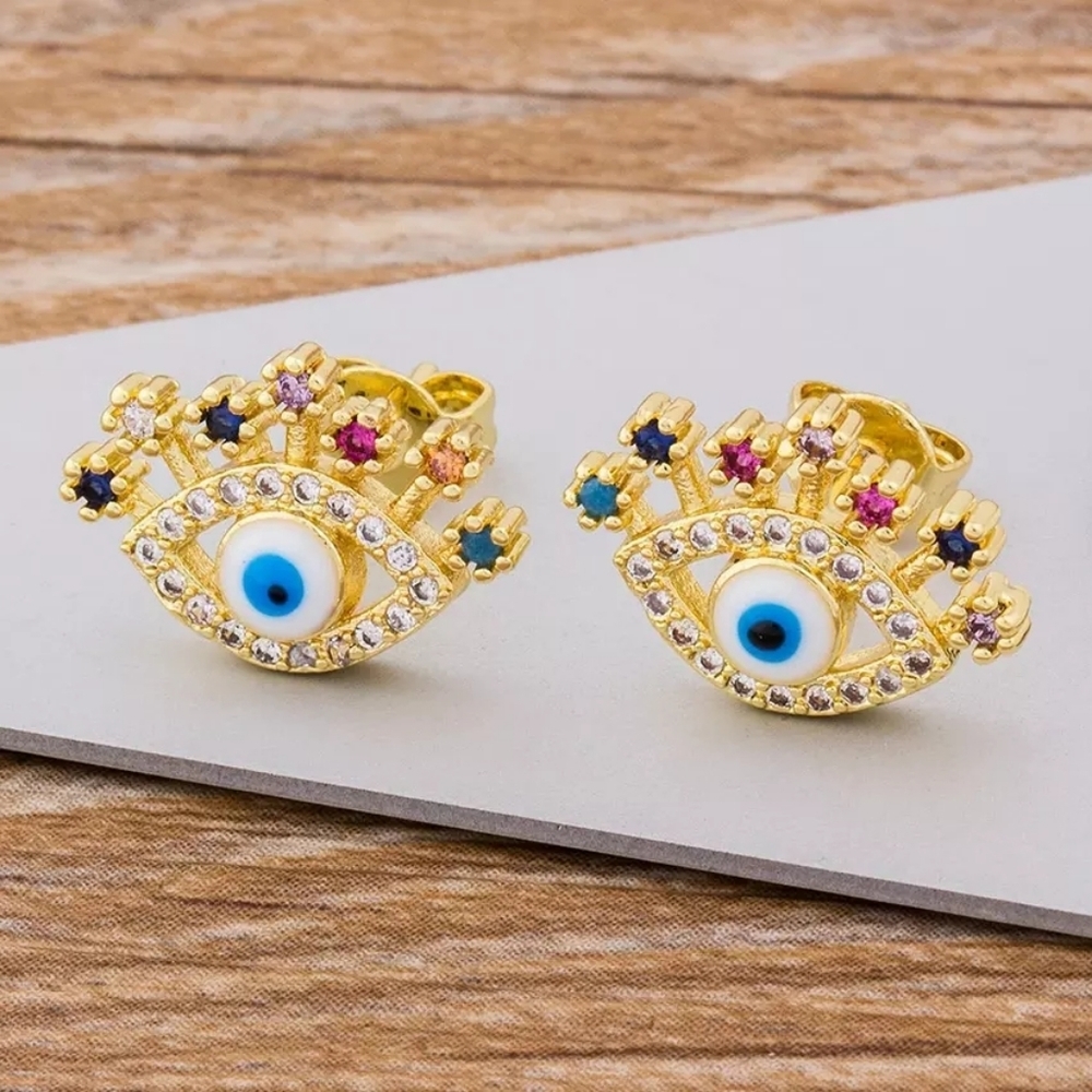 New Gold Turkish Evel Eye Stud Earrings with Cubic Zirconia for Women